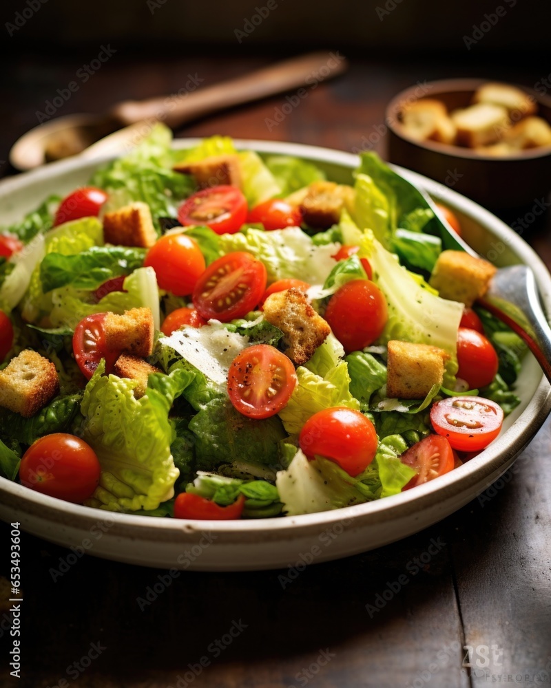 A colorful snapshot of a vibrant salad made with crisp lettuce, juicy cherry tomatoes, and crunchy croutons, all tossed in a light, ery vinaigrette.