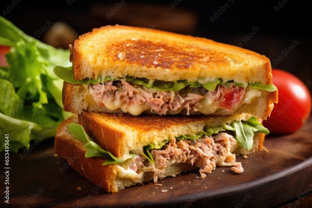 A closeup shot reveals a tantalizing tuna melt sandwich, showcasing a goldenbrown, crispy exterior with hints of melted cheese, nestled between two slices of toasted bread, along with thick - obrazy, fototapety, plakaty 