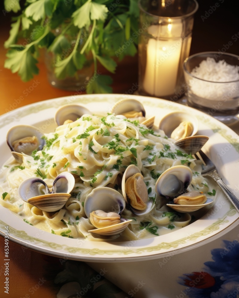 An enchanting photograph offers a closeup of clams nestled in a creamy pasta dish, delicately coated in a luscious white sauce, each morsel delightfully capturing the essence of the sea.