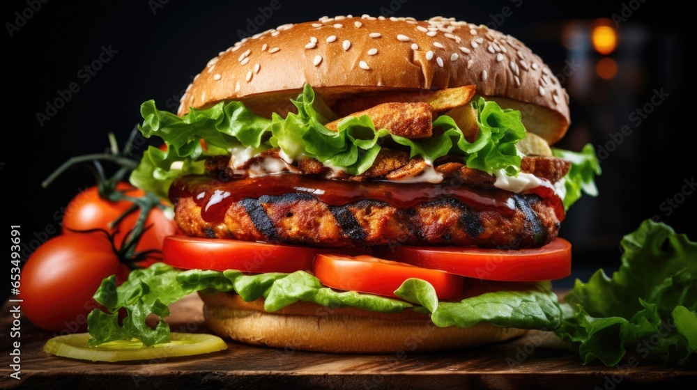 A tantalizing image showcasing a grilled tempeh burger, served on a lightly toasted bun. The tempeh patty is adorned with crisp lettuce, ripe tomato slices, tangy pickles, and drizzled with A tantalizing image showcasing a grilled tempeh burger, served on a lightly toasted bun. The tempeh patty is adorned with crisp lettuce, ripe tomato slices, tangy pickles, and drizzled with