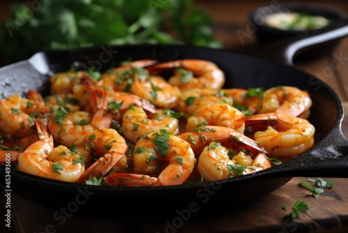 A visually appealing image capturing a platter of ery garlic shrimp, sizzling in a skillet, coated in a fragrant sauce and garnished with fresh parsley.