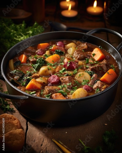 Capturing a hearty stew in a rustic setting, this shot showcases chunks of slowcooked beef simmering in a fragrant broth, surrounded by a medley of root vegetables and aromatic herbs.