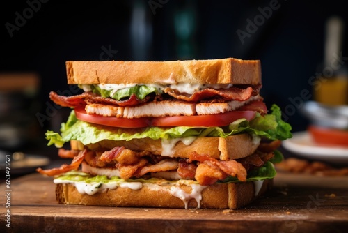 A side profile shot capturing the mouthwatering layers of a towering chicken club sandwich  complete with perfectly toasted bread  succulent grilled chicken  crispy bacon  fresh lettuce 