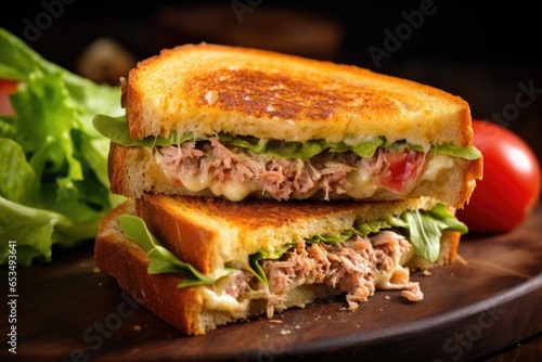 A closeup shot reveals a tantalizing tuna melt sandwich, showcasing a goldenbrown, crispy exterior with hints of melted cheese, nestled between two slices of toasted bread, along with thick