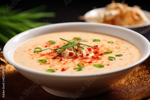 An appetizing image captures a creamy crab bisque in a delicate white bowl, adorned with a swirl of rich cream, a sprinkling of chopped chives, and a sprinkle of red chili flakes for a hint photo