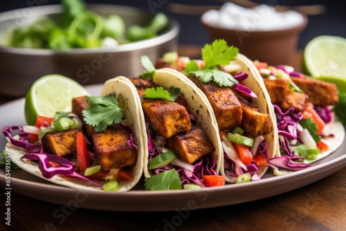 A closeup shot of a delicious tempeh taco platter, featuring warm tortillas filled with saut ed tempeh, a vibrant slaw, and a squeeze of tangy lime juice, and garnished with a sprinkle of