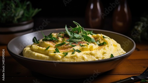 An alluring photograph of a rustic bowl of creamy polenta, made with stound cornmeal cooked to perfection, topped with a generous dollop of velvety whipped mascarpone cheese, and elegantly