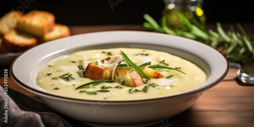 A captivating image capturing the essence of a warm and comforting potato and leek soup, showcasing tender chunks of potatoes simmered with saut ed leeks, aromatic herbs, and a touch of