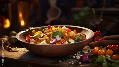 An enticing shot captures a rustic wooden bowl b with a colorful medley of saut ed vegetables. A sprinkle of paprika enhances the earthy flavors, adding a hint of heat to the dish while