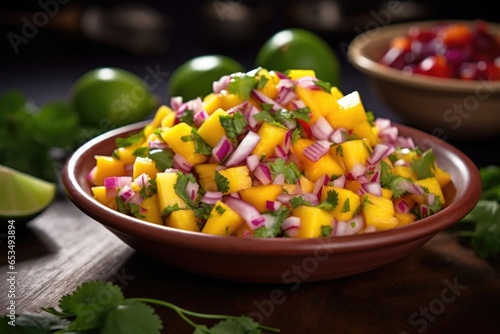 A visually striking shot of a vibrant mango salsa, b with diced tropical fruits, red onions, and y jalapenos, all bound together with a delightful hint of chopped coriander, creating a burst