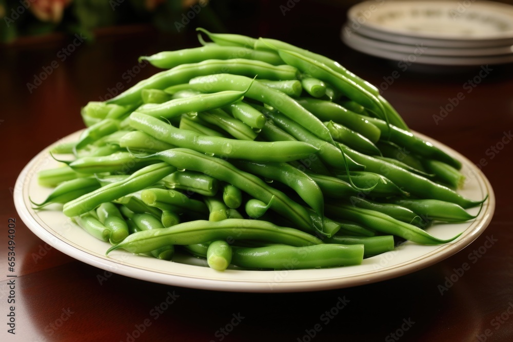 The photograph captures a mound of fresh green beans, cooked to perfection, with a tantalizing tenderness that promises a delightful bite. The photograph captures a mound of fresh green beans, cooked to perfection, with a tantalizing tenderness that promises a delightful bite.