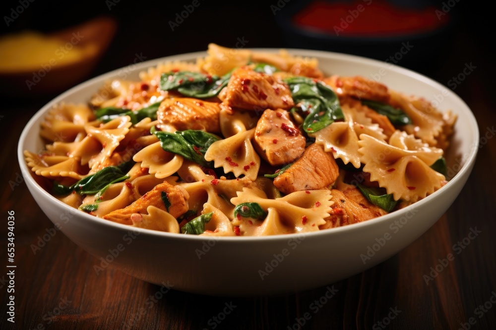 A bowl of comforting bowtie pasta takes center stage in this shot, tossed with a rich and velvety tomato cream sauce. The sauce envelops tender pieces of chicken and vibrant green spinach, A bowl of comforting bowtie pasta takes center stage in this shot, tossed with a rich and velvety tomato cream sauce. The sauce envelops tender pieces of chicken and vibrant green spinach,