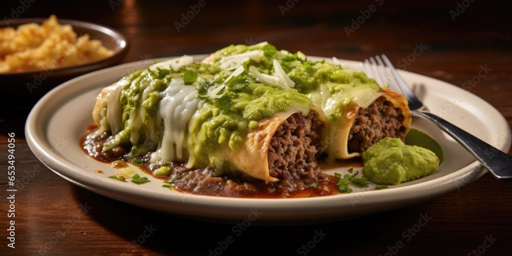 Through a topdown perspective, the image displays a mouthwatering trio of enchiladas radiating warmth. The first enchilada bursts with a succulent combination of seasoned ground beef, saut Through a topdown perspective, the image displays a mouthwatering trio of enchiladas radiating warmth. The first enchilada bursts with a succulent combination of seasoned ground beef, saut