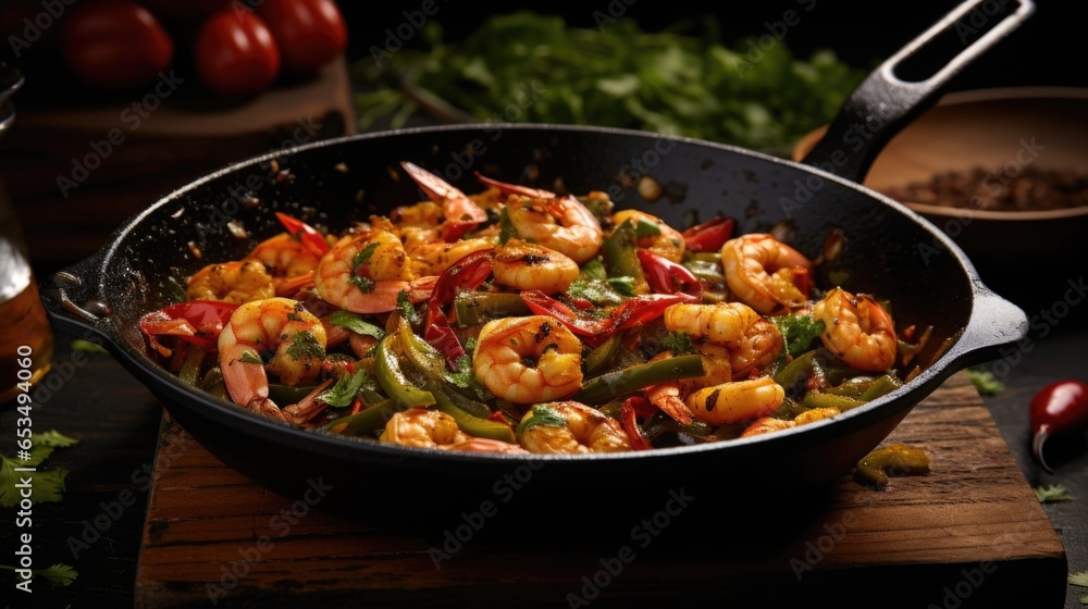 Capturing the essence of TexMex cuisine, this enticing photograph highlights succulent shrimp cooked to perfection, still glistening from the grill, paired with fireroasted poblano peppers