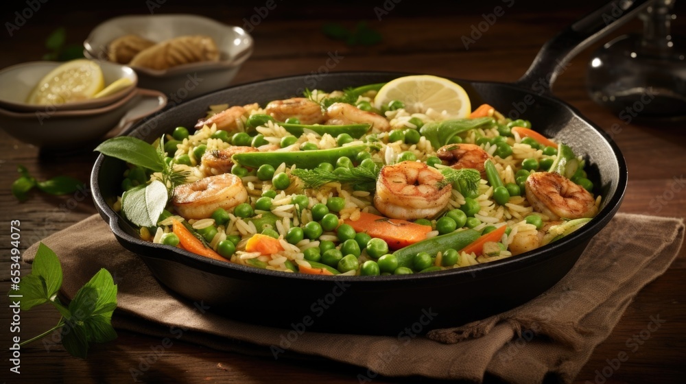 Exuding the flavors of spring, this seasonal paella incorporates tender baby artichokes, sweet peas, and vibrant fava beans, creating a delightful symphony of fresh, green flavors, all perfectly