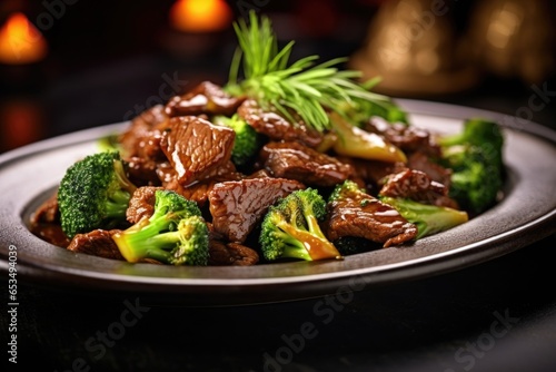In this enticing food shot, a delectable combination of beef and broccoli stirfry tantalizes the taste buds. Thin slices of succulent beef are paired with vibrant, emeraldgreen broccoli