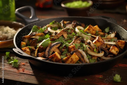 This visually appealing shot features a rustic skillet filled with aromatic grilled mushrooms, caramelized onions, and tender strips of seasoned tofu, offering a delectable meatless take