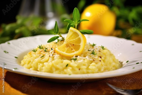 A visually pleasing shot captures the simplicity and beauty of a lemon risotto. Sprinkled with fragrant lemon zest, the risotto boasts a refreshing tanginess that is further enhanced by photo