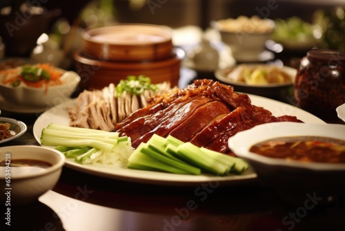 A birdeye view captures the table set with a platter of carved Peking duck, accompanied by a medley of condiments, including hoisin sauce, cucumber slices, and shredded scallions, ready