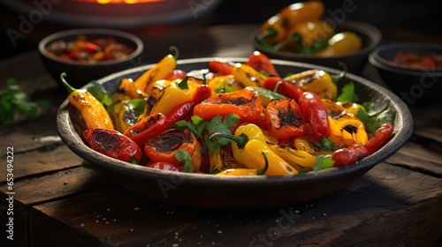 A bowl full of vibrant tandoori roasted mixed bell peppers fills this shot with a burst of colors. The peppers are charred until their skins and blacken in places, releasing a smoky aroma