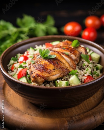A delightful twist on a classic, this shot features moist and flavorful chicken thighs, marinated in a fragrant medley of exotic es, served with a vibrant side of quinoa tabbouleh, bursting