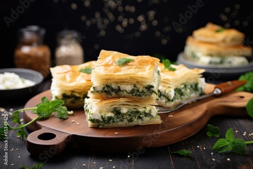 Capture the essence of Greek cuisine with a captivating shot of Spanakopita, where the perfectly baked phyllo pastry forms a beautiful mosaic of crispiness, giving way to a creamy and savory photo