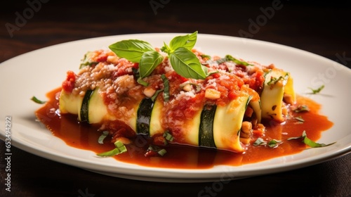 A mouthwatering food shot captures a hearty serving of cannelloni, bursting with a delightful mixture of flavorful roasted vegetables such as zucchini, eggplant, and bell peppers, encased