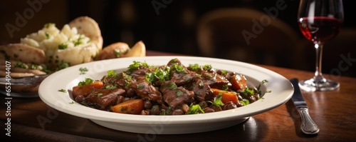 A visually striking photograph displaying a generous serving of Beef Bourguignon, where glistening pearl onions and mouthwatering baby potatoes complement the tender beef s, enveloped in photo