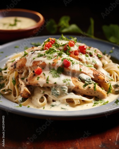 The vibrant colors in this shot capture the beauty of a succulent chicken smothered with a thick and creamy Alfredo sauce. Nestled on a bed of al dente pasta, this dish is an inviting sight