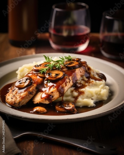 Immerse yourself in the aroma of a perfectly seasoned and seared chicken , topped with a luxurious, Marsalainfused gravy. As you slice into the tender meat, the flavors of the wine, onions,