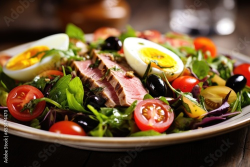 A vibrant shot of a colorful Nicoise Salad, a refreshing medley of mixed greens, cherry tomatoes, sliced hardboiled egg, briny olives, and seared tuna. The image captures the harmony of photo