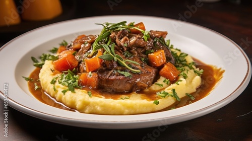 An elegant plate of osso buco, showcasing tender, braised veal shanks bathed in a rich, savory sauce made with red wine, tomatoes, carrots, onions, and aromatic herbs, served atop a bed