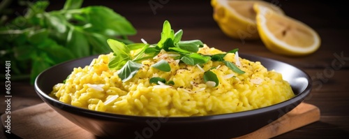 Valokuva A comforting bowl of creamy risotto Milanese, featuring Arborio rice slowly cook