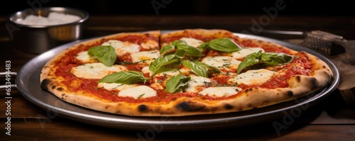 Crispy, thincrust pizza Margherita, topped with a simple yet satisfying combination of flavorful tomato sauce, fresh basil leaves, and melted mozzarella cheese, served piping hot and slightly