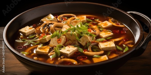 An artistic shot capturing a bowl of aromatic Chinese hot and sour soup, with swirls of vibrant red chili oil captivatingly contrasting with the dark broth b with tender strips of tofu,