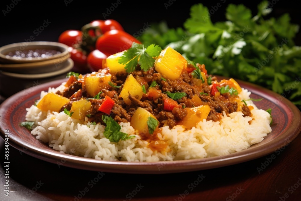A mouthwatering dish of picadillo, a fragrant ground beef stew, cooked with tomatoes, garlic, onions, and a blend of warm es, served atop a bed of fluffy yellow rice and garnished with fresh A mouthwatering dish of picadillo, a fragrant ground beef stew, cooked with tomatoes, garlic, onions, and a blend of warm es, served atop a bed of fluffy yellow rice and garnished with fresh