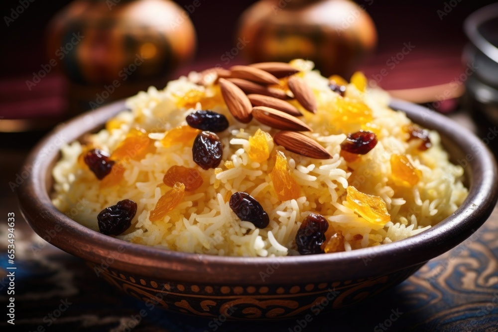 This stunning shot captures a bowlful of fluffy saffroninfused Moroccan rice, studded with slivered almonds and juicy raisins, providing a perfect accompaniment to any Moroccan feast, adding This stunning shot captures a bowlful of fluffy saffroninfused Moroccan rice, studded with slivered almonds and juicy raisins, providing a perfect accompaniment to any Moroccan feast, adding
