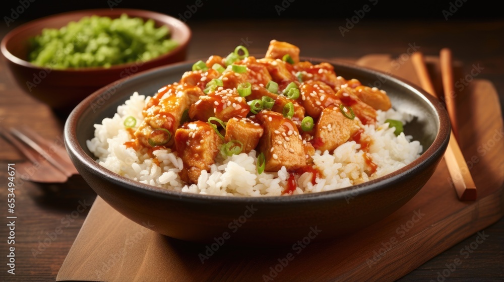 Against a rustic wooden background, cauliflower rice takes center stage in a traditional Asianstyle bowl, adorned with succulent pieces of diced chicken, generously coated in a tangy teriyaki Against a rustic wooden background, cauliflower rice takes center stage in a traditional Asianstyle bowl, adorned with succulent pieces of diced chicken, generously coated in a tangy teriyaki