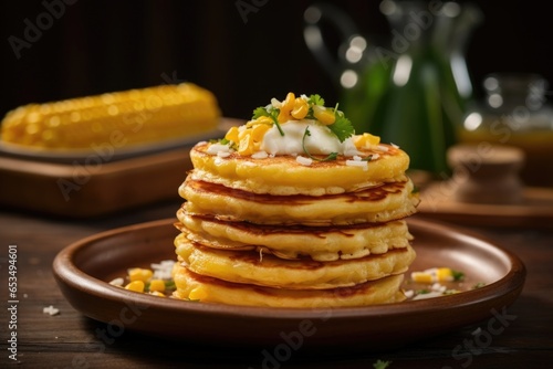 A stack of cachapas stands tall, showcasing the enticing blend of sweet corn pancakes layered with soft, melting cheese, creating a delightful contrast of flavors and textures, complemented photo