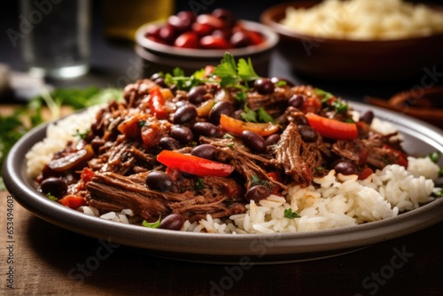 Thick slices of slowroasted beef, marinated in a rich garlic and onion sauce, served alongside fluffy white rice and black beans, creating a traditional Cuban dish known as ropa vieja. photo