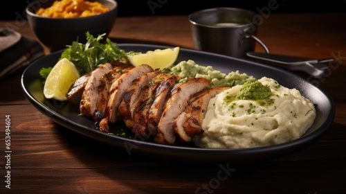 A generous platter of ery, meltinyourmouth roasted pork, basted with a zesty citrus marinade, accompanied by a side of velvety mashed yuca, drizzled with garlicinfused mojo sauce. photo