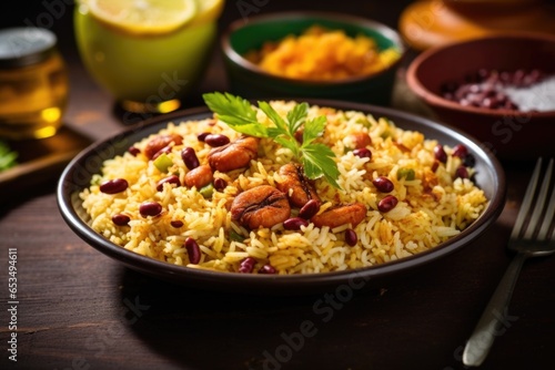 Flavorful and aromatic Jamaican rice and peas, presented in a vibrant and colorful platter. The dish showcases perfectly cooked rice infused with coconut milk, aromatic es, and kidney beans