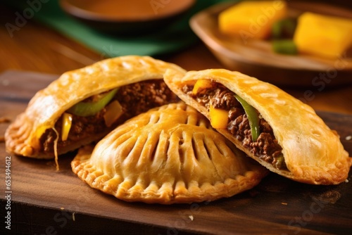 A delectable trio of Jamaican patties, featuring different fillings like traditional jerk chicken, fiery beef, and savory vegetarian options. Each patty exhibits a perfect golden hue, offering photo