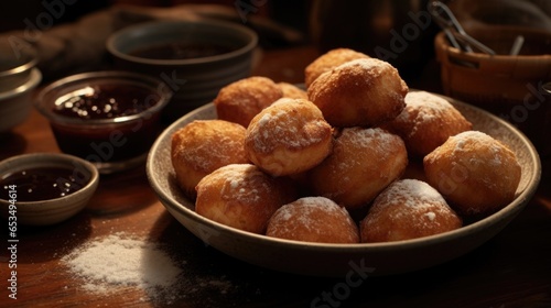 Fluffy, deepfried dough balls known as bu uelos, dusted with a sprinkle of cinnamon and sugar, served warm with a side of rich, velvety chocolate sauce for dipping. photo