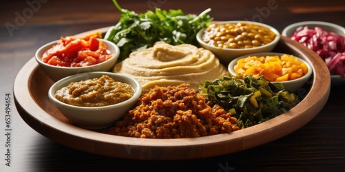 The shot offers a visual feast as it portrays a traditional Ethiopian platter featuring a variety of vegetable and lentil dishes, beautifully arranged and garnished with fresh herbs and