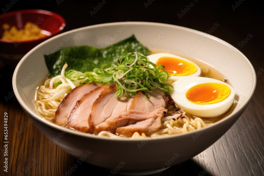 A mouthwatering image portrays a savory bowl of ramen, garnished with tender slices of pork and a single quail egg nestled in the center. The softboiled egg adds a velvety richness to the