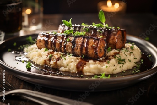 A rustic bone marrow creation showcasing slowroasted marrow bones infused with fragrant herbs and nestled on a bed of creamy, truffleinfused risotto, garnished with a drizzle of aged balsamic photo