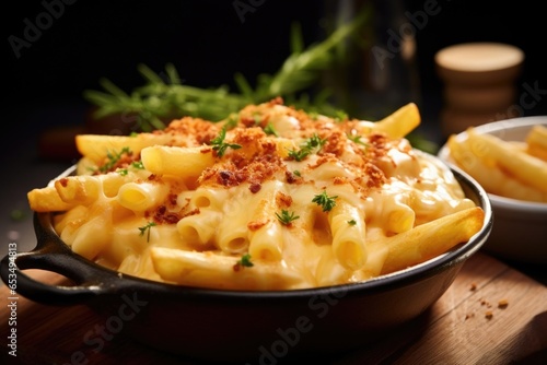 This macaroni and cheese extraanza features a delightful mix of al dente penne pasta and a bold, flavorful cheese sauce made from a blend of smoked Gouda and sharp Monterey Jack, creating