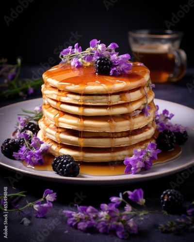 A stack of delicate lavenderinfused pancakes, fluffy and goldenbrown, served with a drizzle of maple syrup and a tering of fresh berries, combining the comforting taste of pancakes with photo