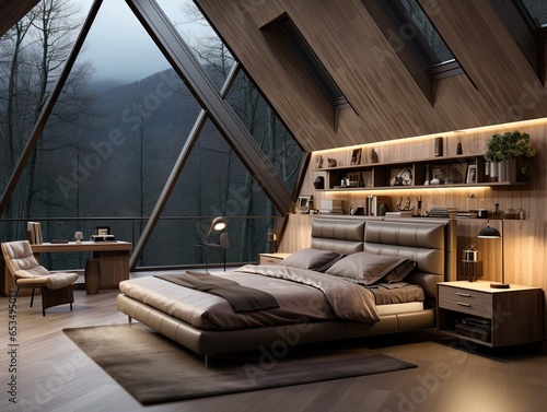 modern futuristic bedroom with big window and unique design interior. mountain view, low light and cozy vibes